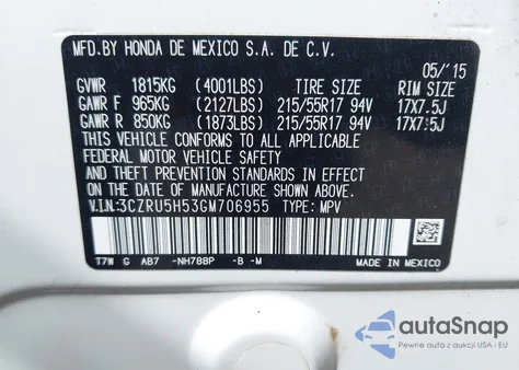 2016 Honda Hr-V Ex z USA, uszkodzony, nr VIN 3CZRU5H53GM706955